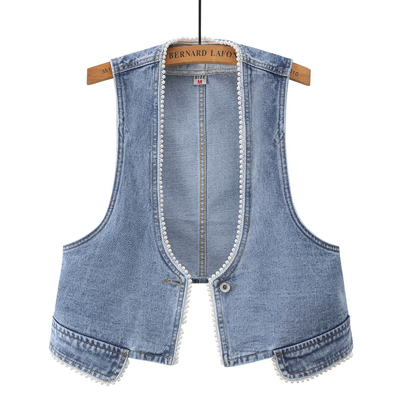 2024 Early Spring New Denim Vest Women's Short Beaded Sleeveless Tops Easiest for Match Slim Top Vest Shawl