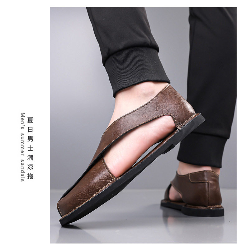 Dép sandal nam quai ngang kiểu La Mã cổ điển, thoáng khí, đế cao su — nâu, đen chi tiết 15