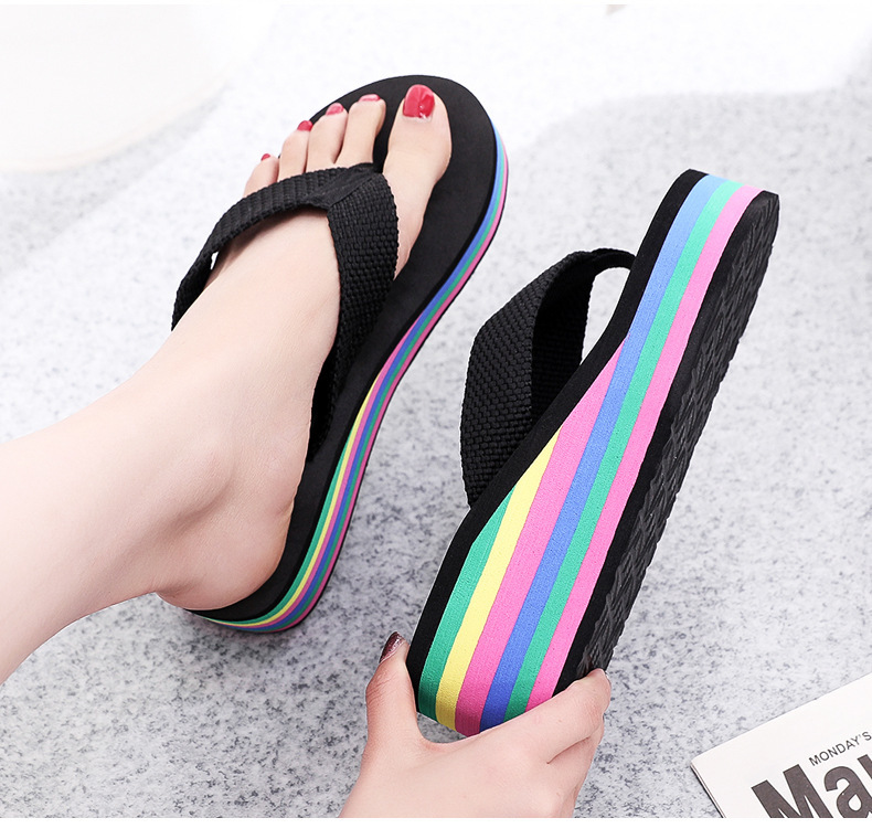 Women's Rainbow Striped Platform Flip Flops Wedge Beach Shoes_voghion.com