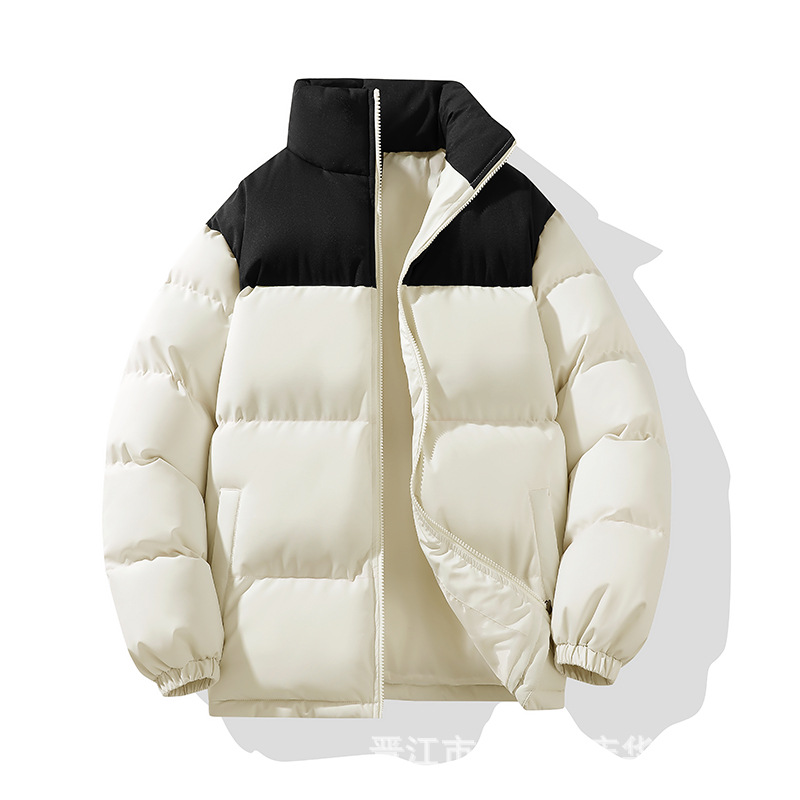 Chaqueta acolchada de algodón estilo pareja para otoño e invierno, corte ajustado, cuello alto con bloques de color, abrigo ligero de algodón, venta al por mayor, logotipo personalizable, dropshipping disponible.