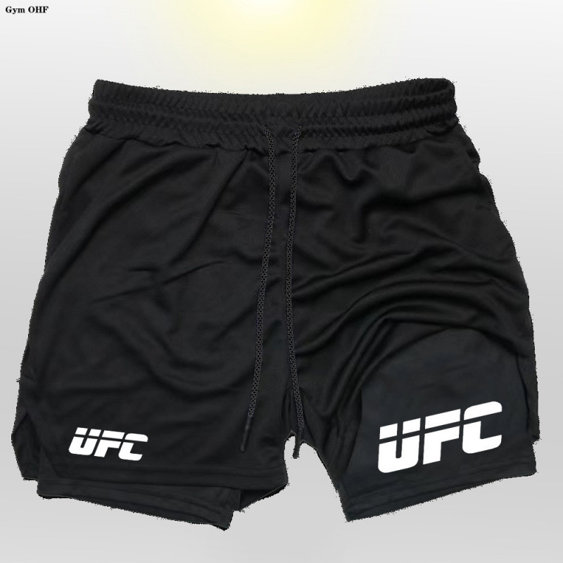 U-F-C Men's Two-In-One Double-Layer Shorts Fitness Boxing Sanda Training Pants Beach Running Workout Shorts