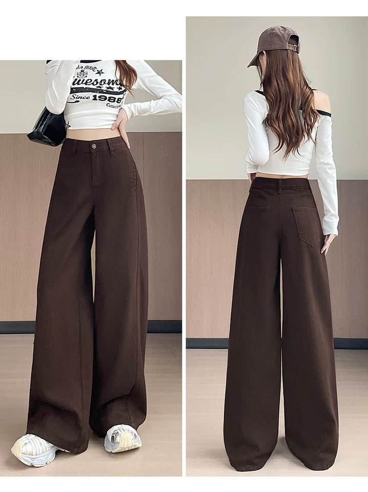 Quần jean ống rộng cạp cao màu nâu cà phê, dáng suông rộng có độ rủ, phong cách tối giản — Màu nâu đậm - Dài 9 tấc, Màu nâu đậm - Dài hơn, Màu nâu đậm - thông thường, Lót lông màu nâu đậm - Dài 9 tấc chi tiết 14