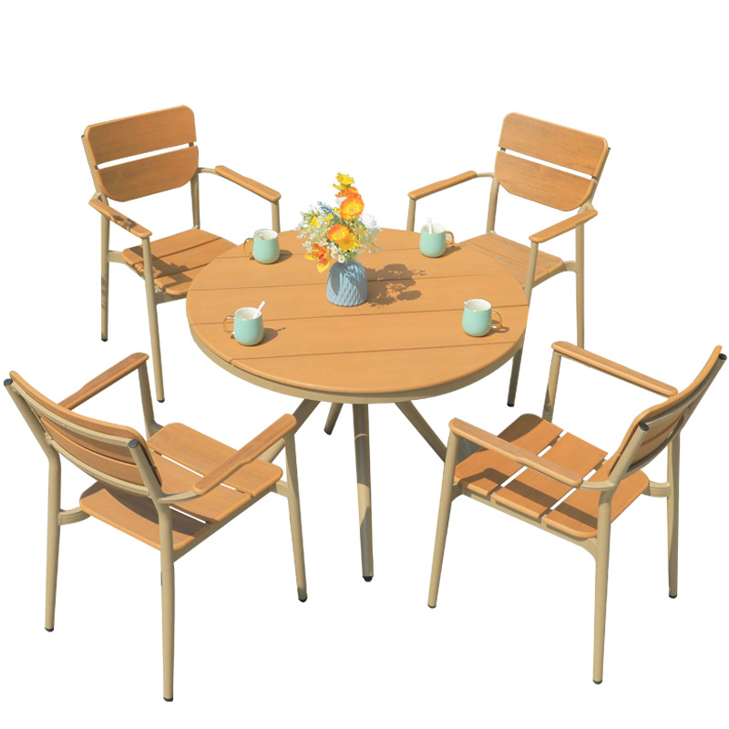 Combinación de mesa y silla de madera de plástico para balcón al aire libre, combinación de mesa y silla de aleación de aluminio para jardín de solárium moderno y simple