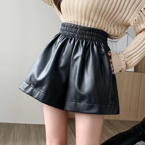 Women's High-Waisted Wide Leg Casual Shorts Autumn/Winter A-Line Wide Leg Pants Loose PU Outerwear Boot Pants Trendy