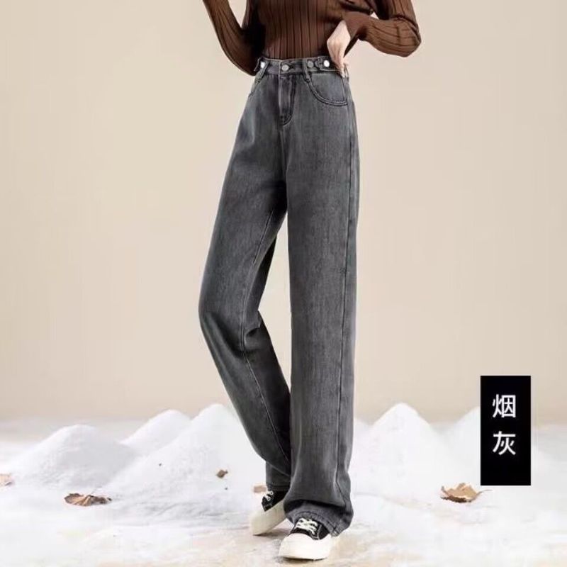 加绒牛仔裤女冬季新款宽松直筒学生韩版显瘦百搭阔腿防寒长裤拖地|undefined