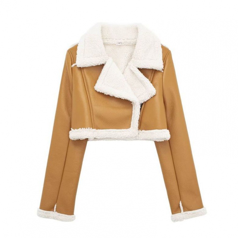 Vêtements pour femmes Automne et hiver veste de moto à revers double face pour femmes à la mode taille haute slim court haut à glissière de couleur contrastée_voghion.com