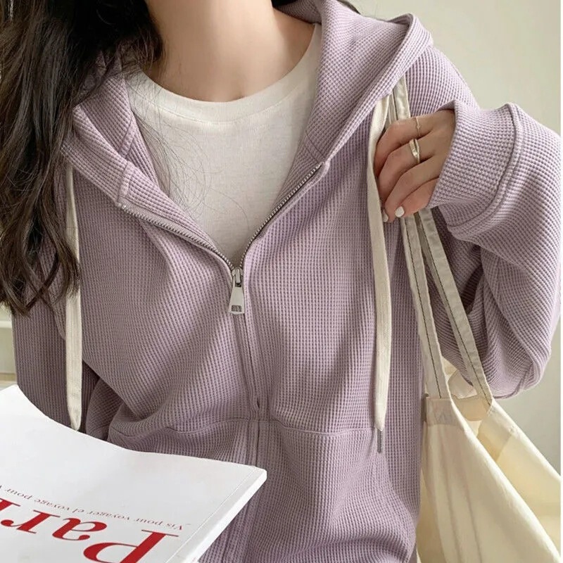 Spring and Autumn New Waffle Loose Hooded Top Thin Zipper Sweater Tops Women's Korean Style Solid Color Student Cardigan
