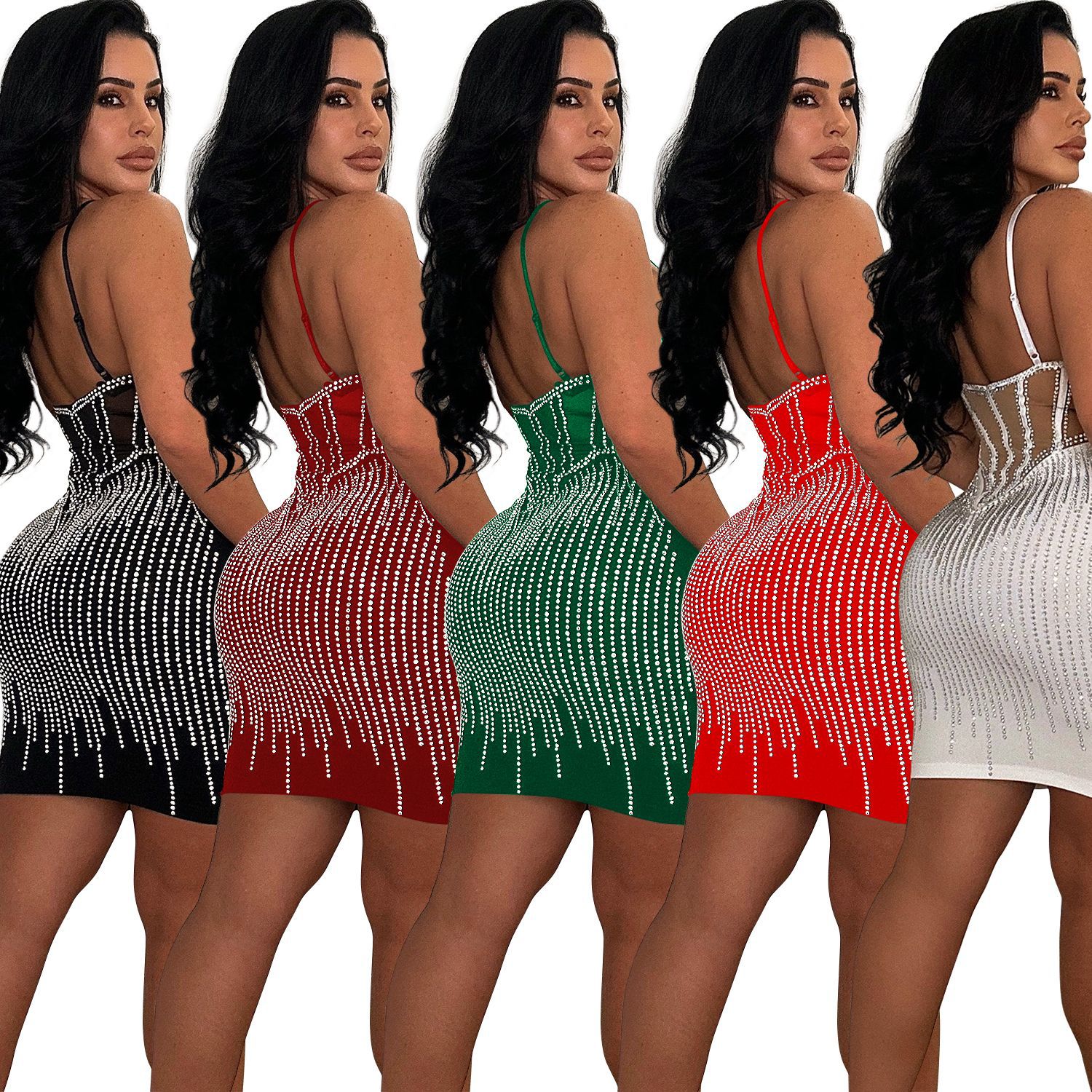 C6753 transfronteriza AliExpress Amazon europeo y americano de las mujeres de moda de color sólido malla rhinestone Correa falda vestido image 6