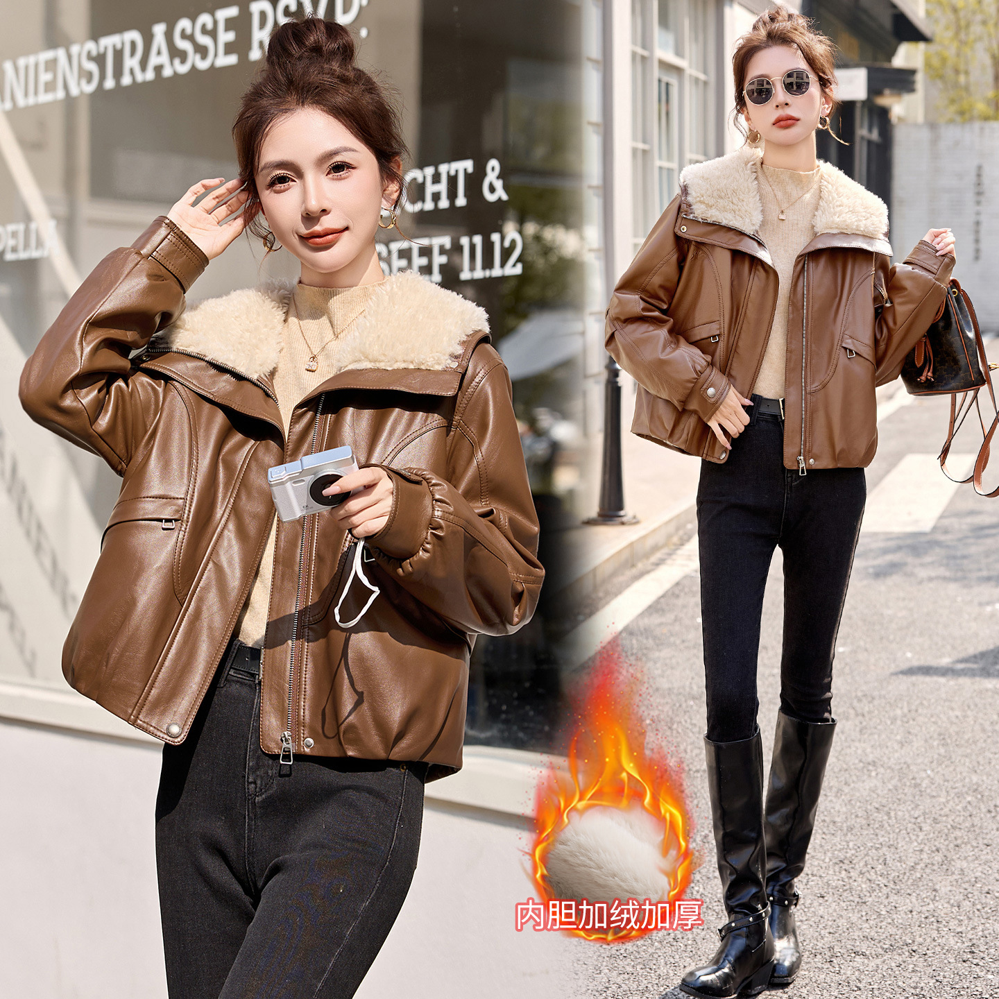 Large Lapel Plus Velvet Genuine Leather Short Jacket for Women 2025 Winter New Warm Fashion Cool Motorcycle Leather Jacket