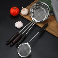 Stainless steel wooden handle 304 oil skimming spoon oil grid long handle encryption mesh drain soy milk filter hot pot colander fishing oil spoon