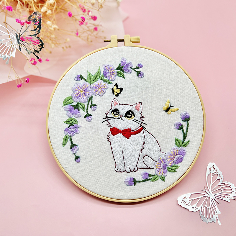 Flor gato traje colgante pintura Lu bordado dibujos animados animal inglés novato bolsa bordado DIY material bolsa salón colgante hecho a mano