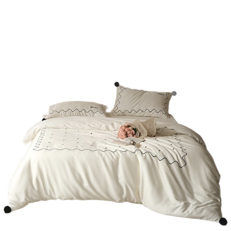 Parure de couette brodée à pois avec pompons mélange lyocell_voghion.com