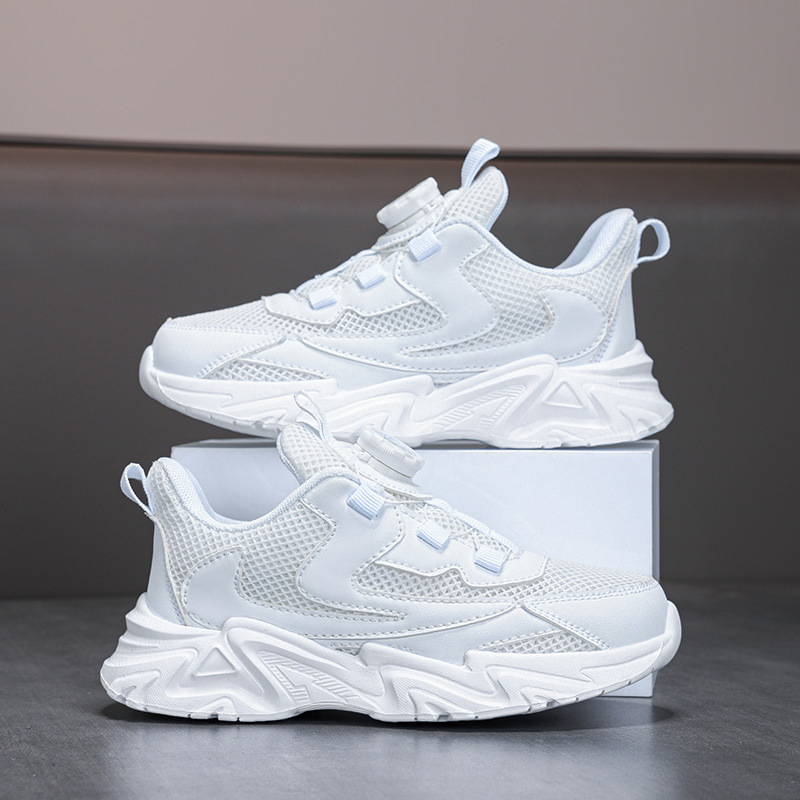 Zapatos de niñas mallas respirables zapatos deportivos de cuero impermeables zapatos blancos pequeños botones giratorios zapatos de running para niños