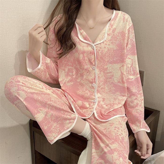 Al por mayor transfronterizo primavera y otoño nuevo cuello en V monje cuello de algodón leche cardigans pijamas de manga larga ropa doméstica de dibujos animados de mujer