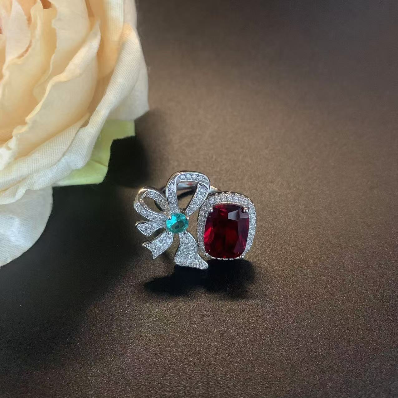 Colorful Gemstone Bowknot Ruby Open Ring For Women Minimalist_voghion.com