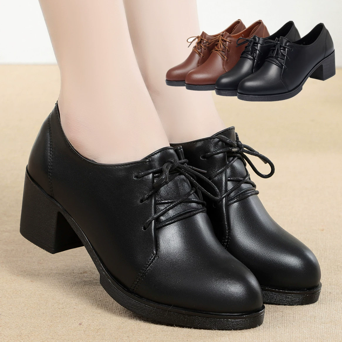 Весенне-осенние новые одиночные туфли, Женская Повседневная рабочая обувь из мягкой кожи на шнуровке с глубоким носком, женская кожаная обувь на среднем каблуке, на толстом каблуке, 43 туфли для мам