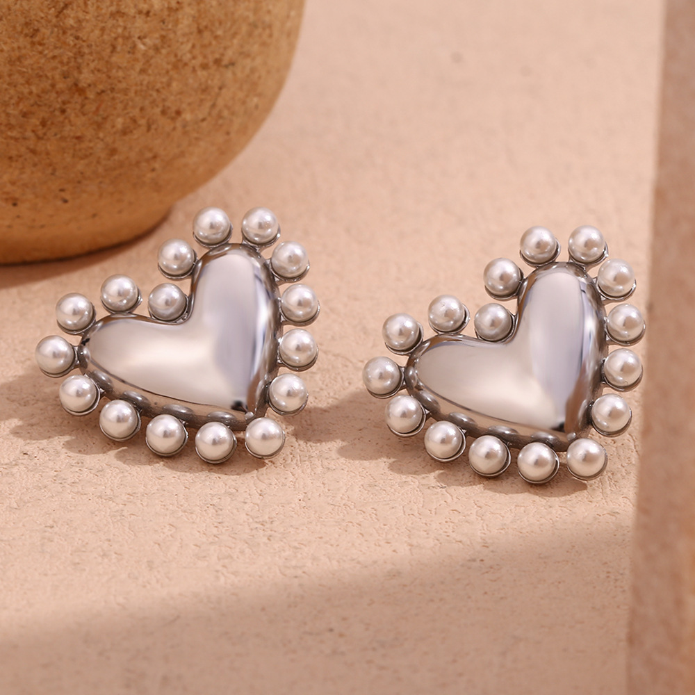 Stainless Steel Love Pearl Inlaid Earrings
