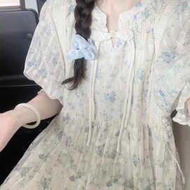 D6C大码胖mm新中式刺绣碎花盘扣连衣裙女夏甜美显瘦气质短裙子200