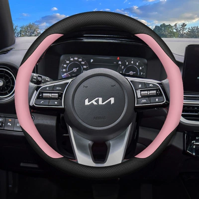 for Kia K3 Smart Running: Steering wheel cover - round-type-black-pink-genuine-leather-ultra-thin-model-other