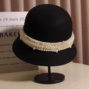 French style Hepburn elegant pearl fisherman hat for women in autumn and winter, stylish, versatile, warm and face-friendly small basin hat