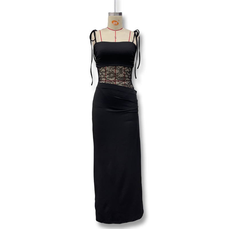 Aliexpress 2025 primavera nueva ropa de mujer europea y americana sexy encaje empalmado hueco perspectiva vestido de arnés