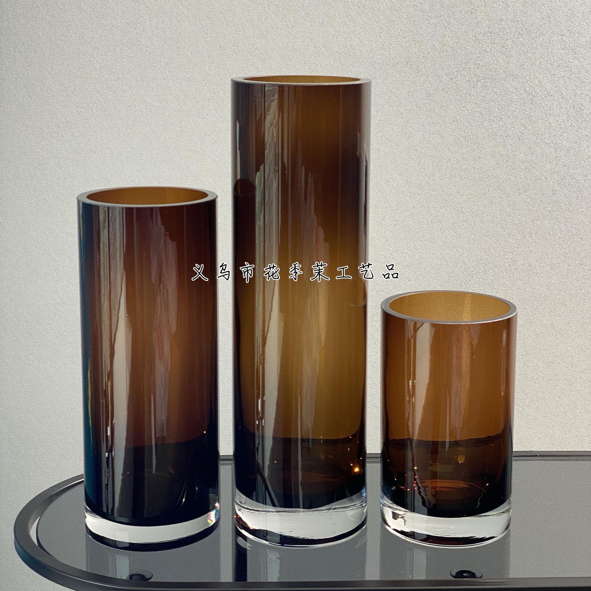 HJM-현대적인 간단한 다크 브라운 유약 스트레이트 유리 꽃병 거실 레스토랑 호텔 홈 꽃꽂이 장식 장식품