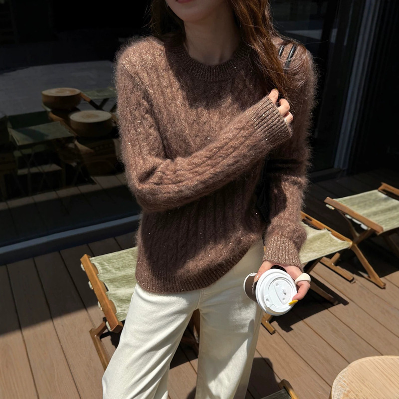 Korean-style classic twisted design brushed cashmere women's 2026 autumn and winter new vintage loose casual cashmere wool cross-border