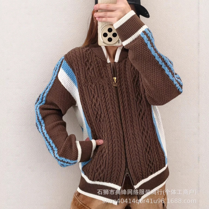 High-Quality Embroidered Logo Unisex Korean-Style Niche Design Casual Versatile Color-Blocking Zip-Up Knit Cardigan Sweater Cross-Border