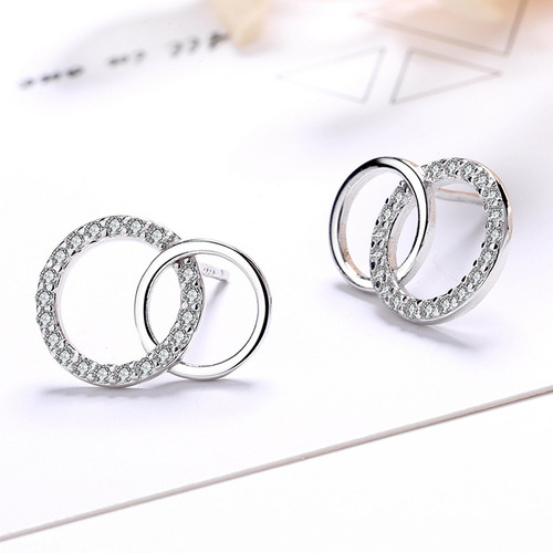 New concept s925 sterling silver diamond double ring stud earrings for women simple ins cool style geometric circle earrings wholesale