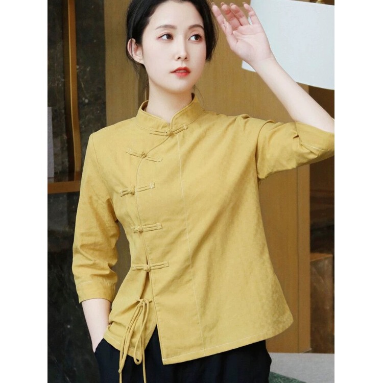 2025 Spring/Summer Slimming Hanfu Tea Clothing Top Zen Style Chinese Style Qipao New Chinese Style Buttoned Blouse Shirt Retro Style