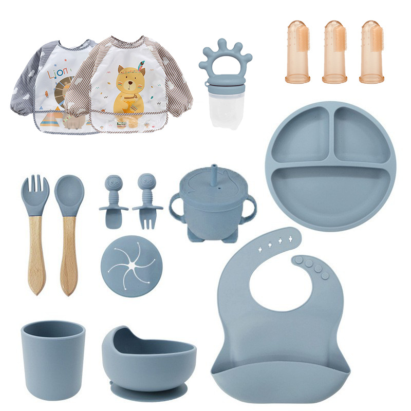 Cross-Border Food-Grade Silicone Tableware Set, Baby Food Bowl, Feeding Plate, Bib, Water Cup, Fork and Spoon, Pba-Free
