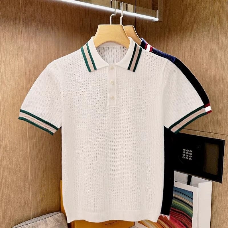 Korean Style New Men's Ice Silk Short-Sleeve Shirt, Summer New Trendy Elastic Mature Style Knit Shirt Top