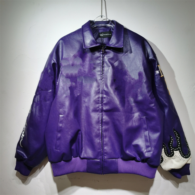 跨境美潮原创设计加工美式宽松版型皮衣机车服重工刺绣男女同款潮|undefined