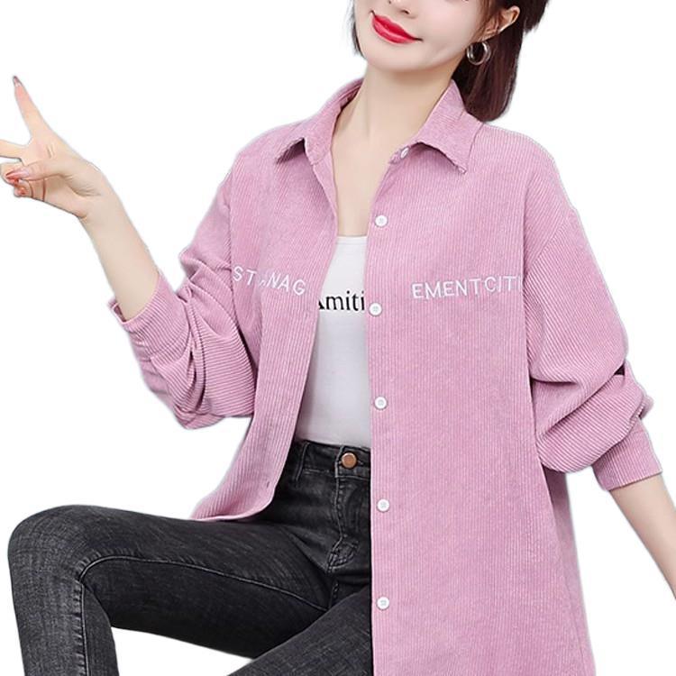 灯芯绒衬衫女外套春秋季女士新款薄款宽松显瘦大码中长款刺绣上衣|undefined