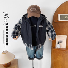 先奥2025冬季新款儿童韩版洋气加厚棉服男童假两件格子拼接外套