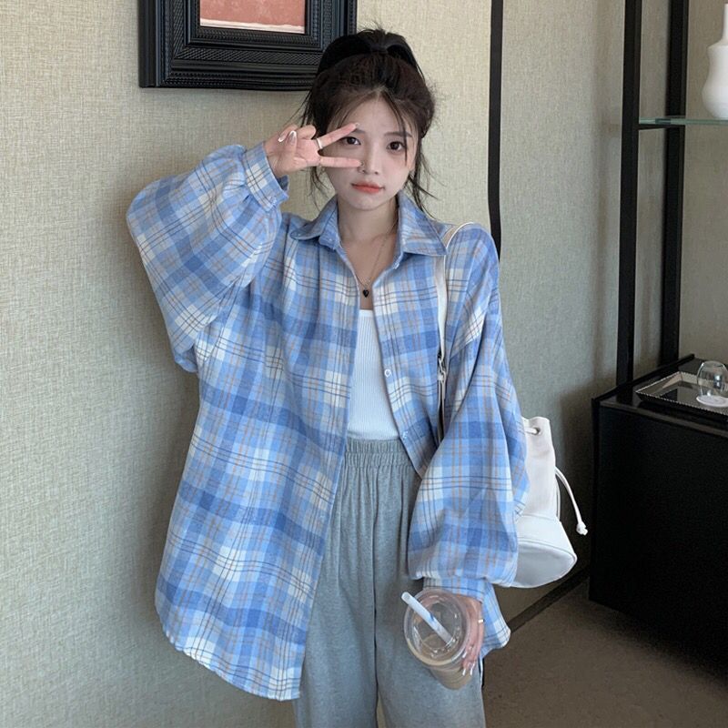 格子衬衣女韩系设计感小个子春秋复古百搭宽松衬衫防晒内搭外套|undefined
