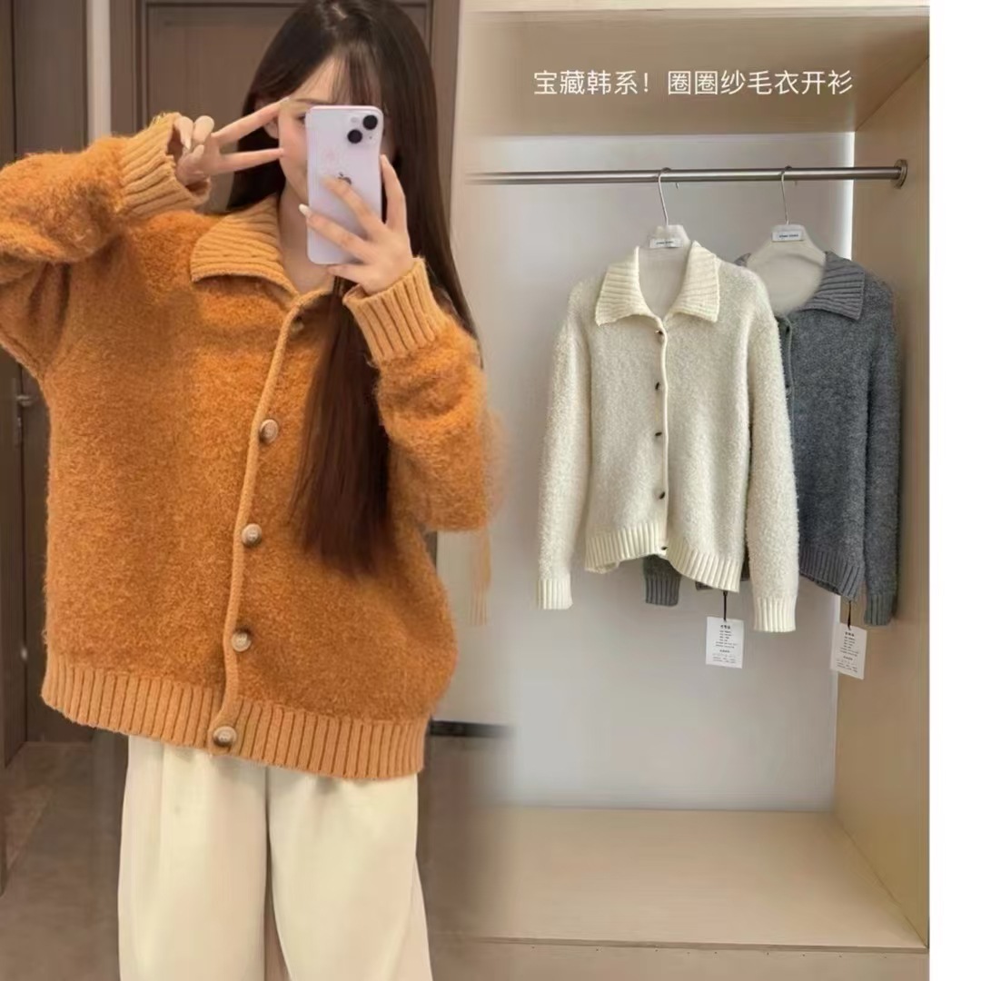 韩系设计感翻领针织开衫女秋冬新款宽松慵懒风百搭上衣毛衣外套潮