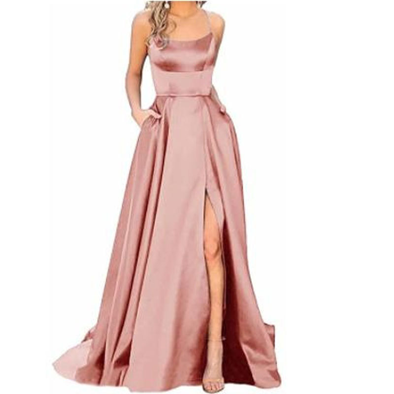 El Comercio exterior europeo y americano Amazon AliExpress deseo vestido de noche de las mujeres sexy Correa simple satén vestido largo