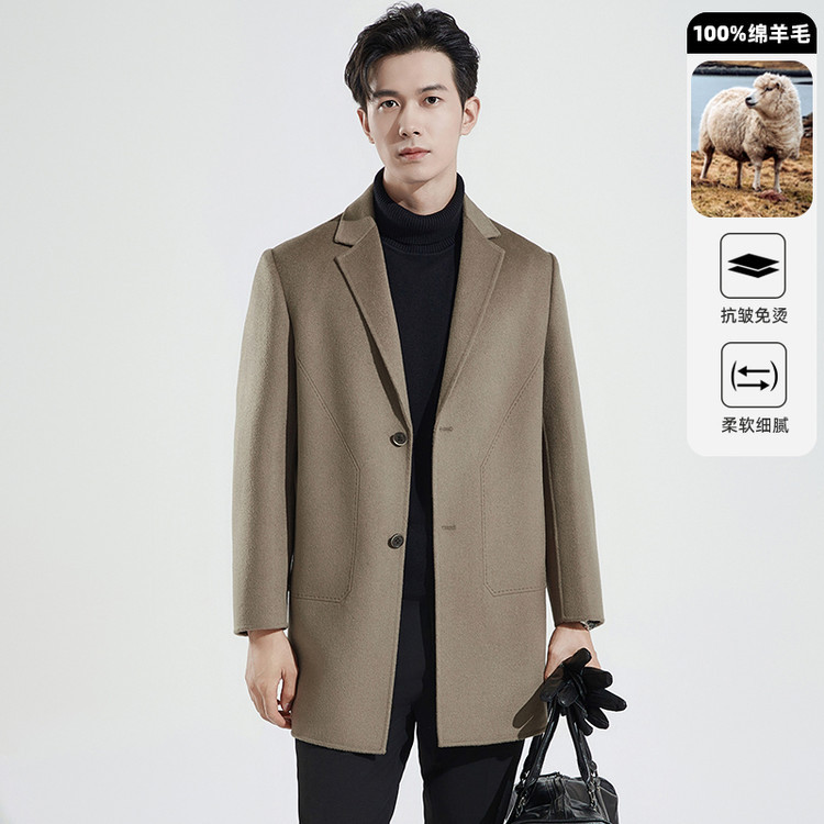 100% pure wool coat, men's double-faced wool overcoat, mid-length, high-end business wool trench coat, winter style.