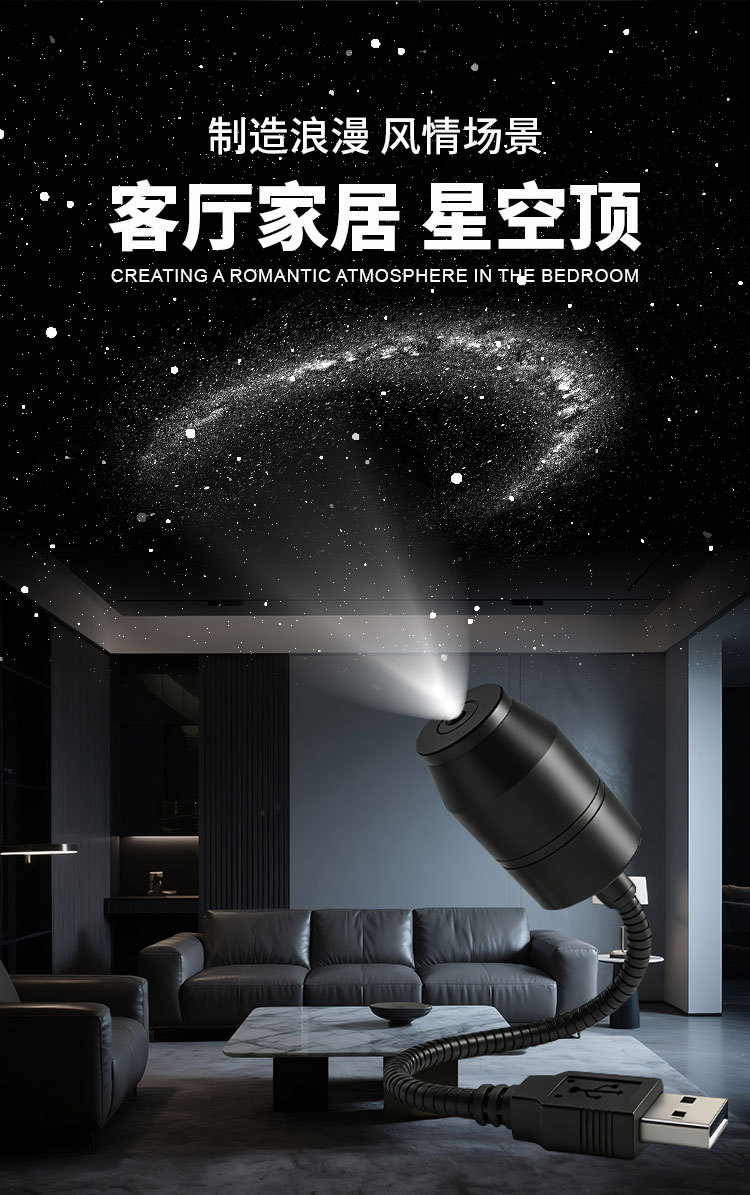 Cross-Border USB Car-Mounted Starry Sky Projection Light for Car Interior Modification, Bedroom Ceiling Romantic Galaxy Starry Sky Atmosphere Light