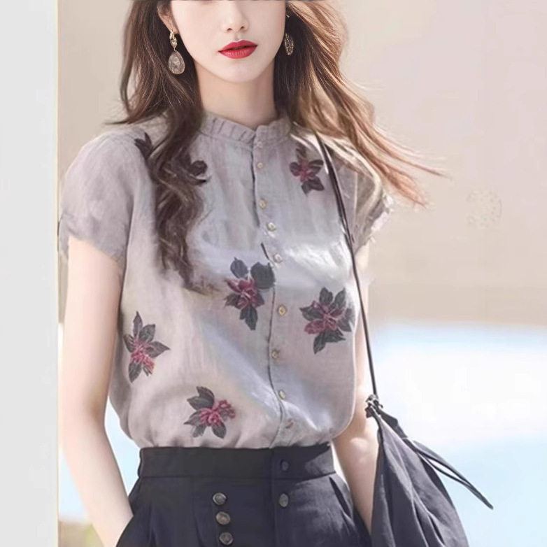 French Style Retro Floral Collar Short-sleeved Linen Shirt Women's Design Sense Niche Unique Chic Spice Girl Beautiful Top