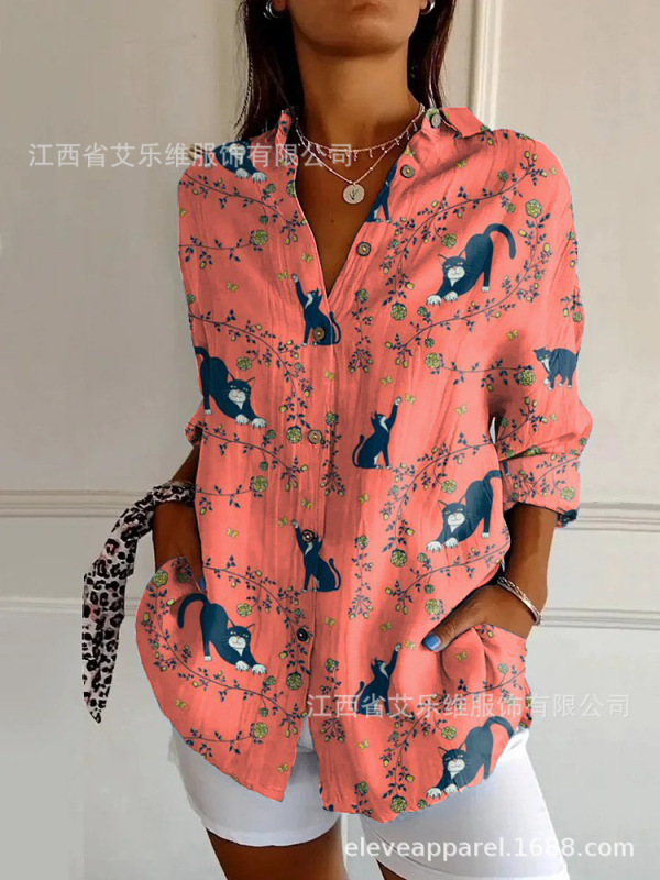 2025新款跨境外贸夏季欧美潮流长袖衬衫动物风3D数码印花女士上衣|undefined