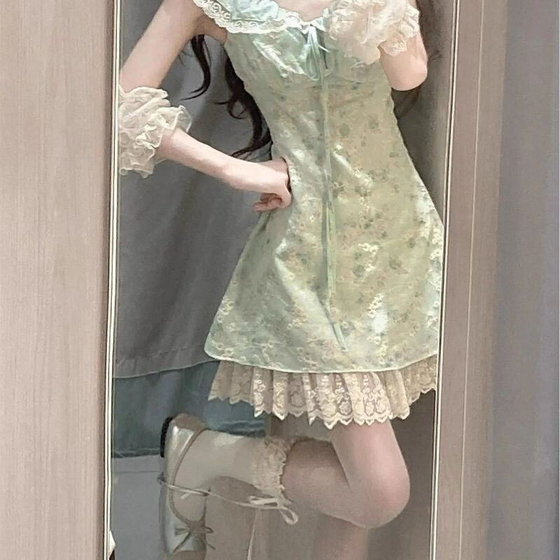 Korean Style Gentle Green Embroidered Floral Flutter-Sleeve Dress for Women, Summer Elegant Lace Strap Short Dress Korean Style Gentle Green Embroidered Floral Flutter-Sleeve Dress for Women, Summer Elegant Lace Strap Short Dress