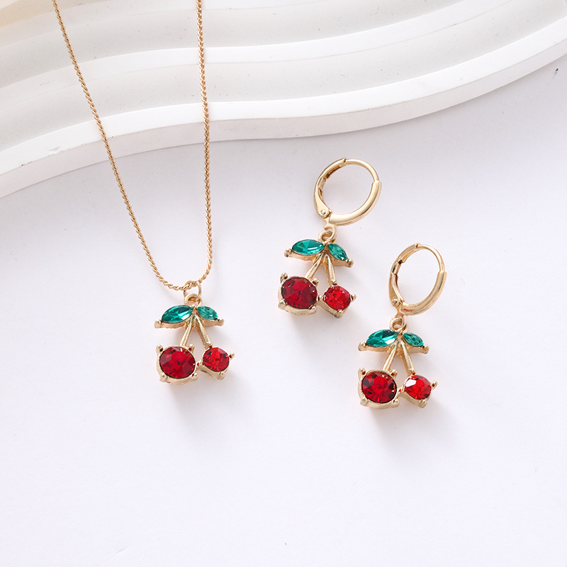 European and American Cross-border Hot Fruit Series Jewelry Women's Summer Sweet Cute Cherry Necklace Earrings Jewelry suit