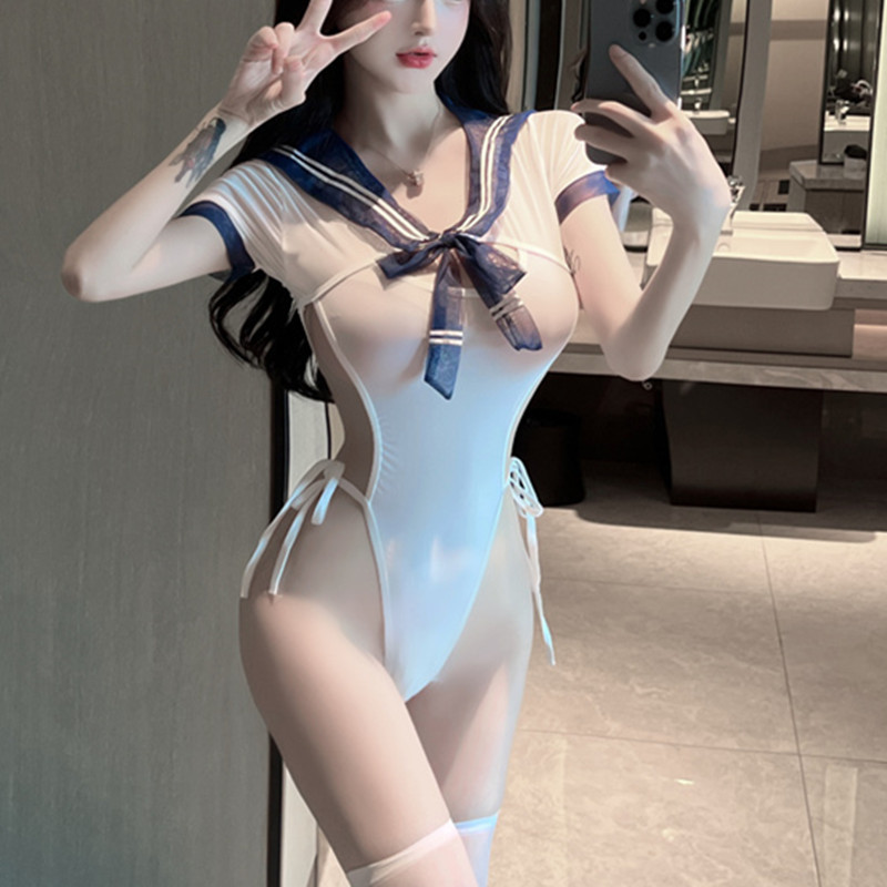 Mei Zhilan Sexy Underwear Women's Sexy Floating Yarn One-piece Student Uniform Temptation Passion Hidden Button-free Sexy Suit