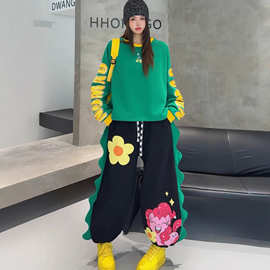 立体装饰加绒卫衣卫裤套装卡通洋气减龄拼接字母秋冬季休闲两件套