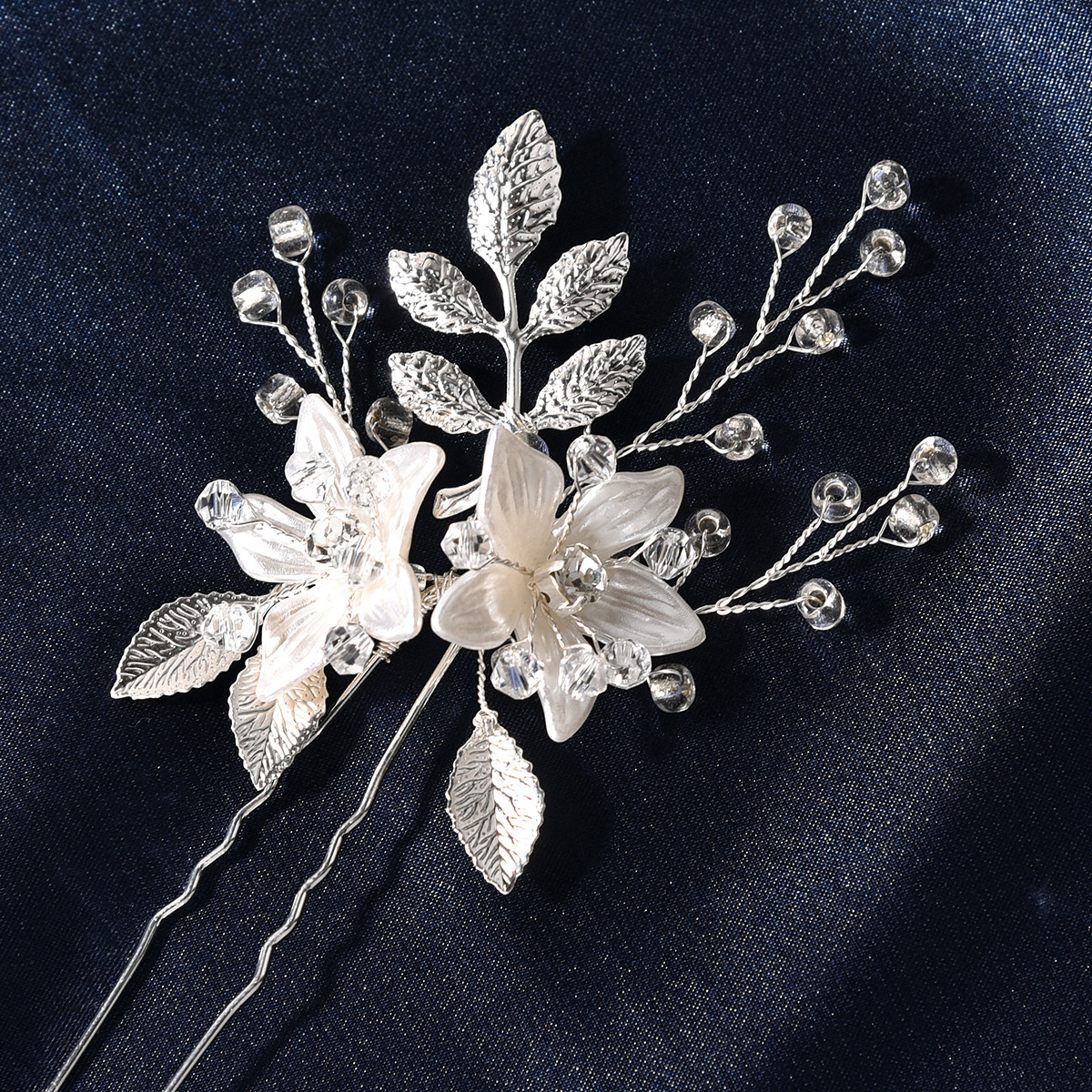 Bridal headwear white flower leaf shape transparent crystal U-shaped hairpin