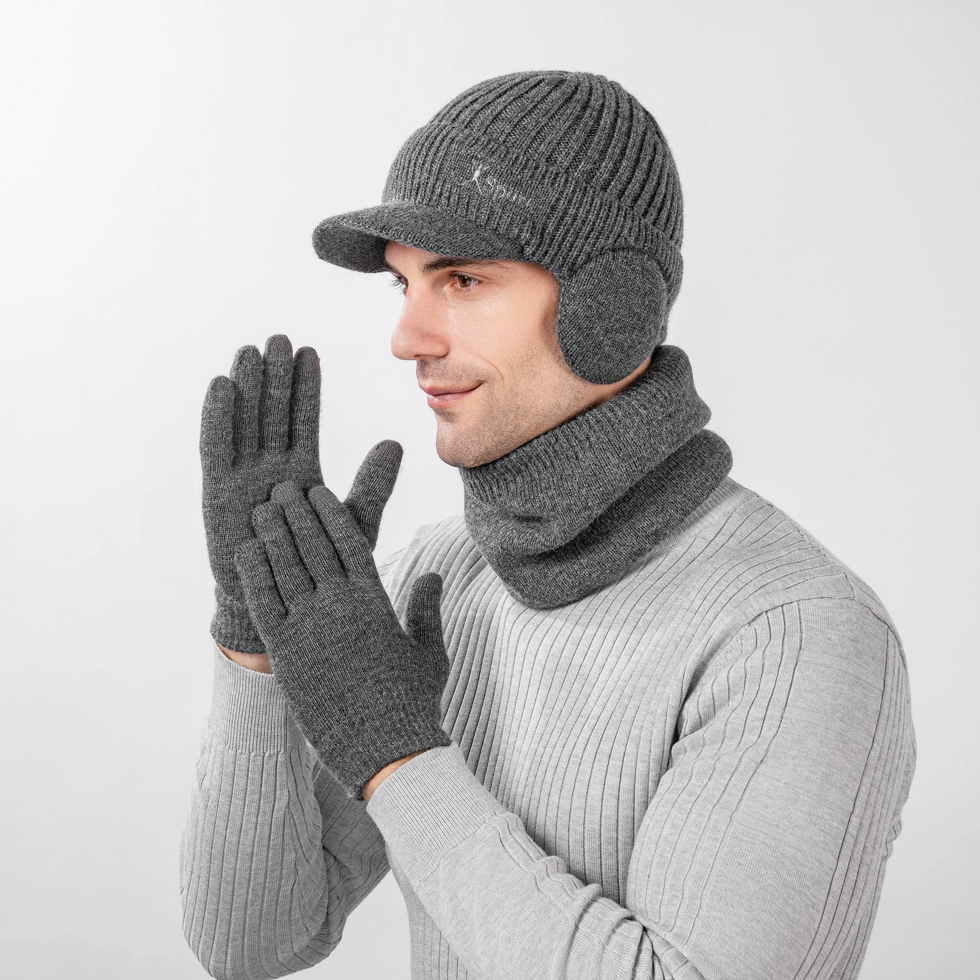 Keep warm hat, scarf, gloves, men's knitted woolen set, 3 piece set, increased thickness