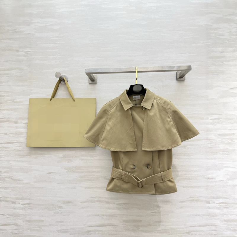 Elegant British-Style Fashion Lapel Collar Belted Waist-Slimming Double-Breasted Short Khaki Cape Trench Coat Elegant British-Style Fashion Lapel Collar Belted Waist-Slimming Double-Breasted Short Khaki Cape Trench Coat