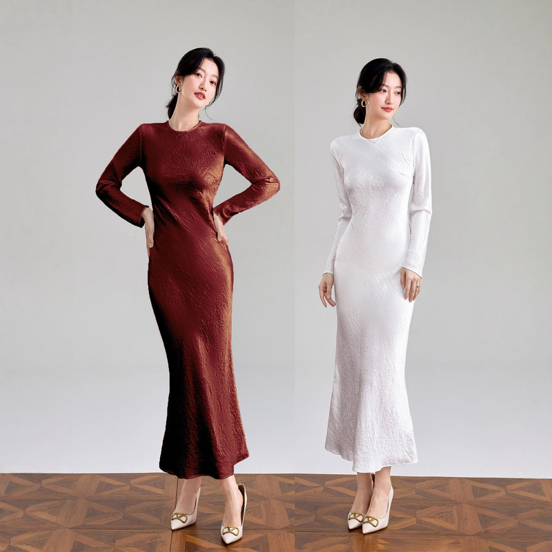 High-End 100% Acetate Spring & Fall French Elegant Elegant Fashionable Satin Pleated Long-Sleeved Dress for Women
